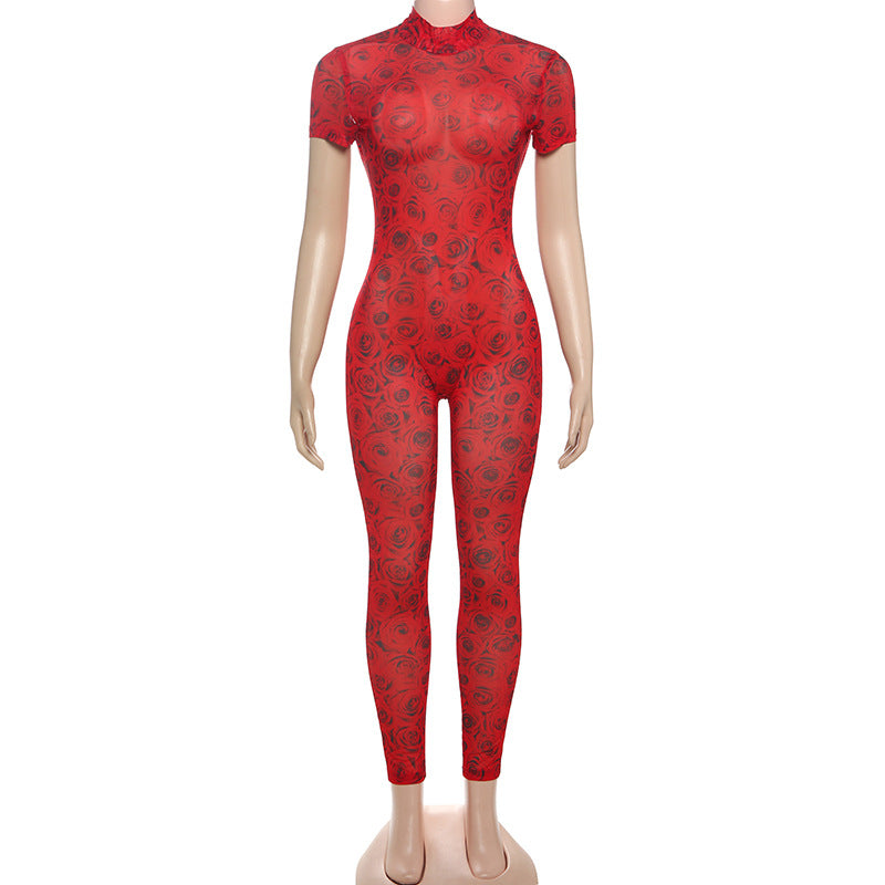 Women summer Women sexy Backless print See-Through Mesh Jumpsuit 15