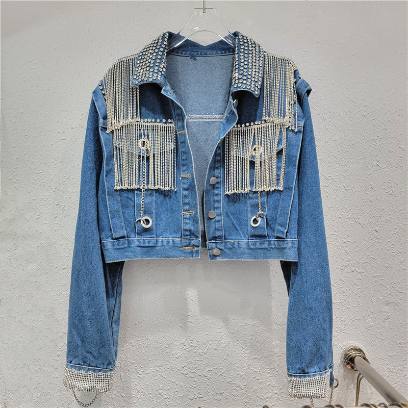 Diamond Tassel Denim Jacket Women's Trendy Spring Loose Long-Sleeved Tops 3