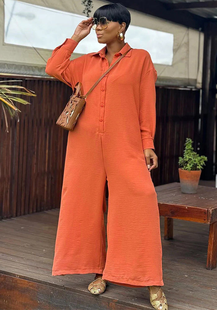 Plus Size Women Summer Casual Loose Round Neck Long Sleeve Wide Leg Jumpsuits