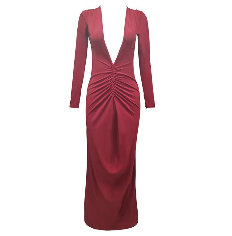 Women's Long-Sleeved Sexy Deep V-Neck Pleated Slim Long Dress 16