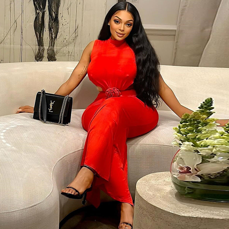 Women's fashion solid color dress sexy Round Neck sleeveless Open Waist Low Back slim long dress 6