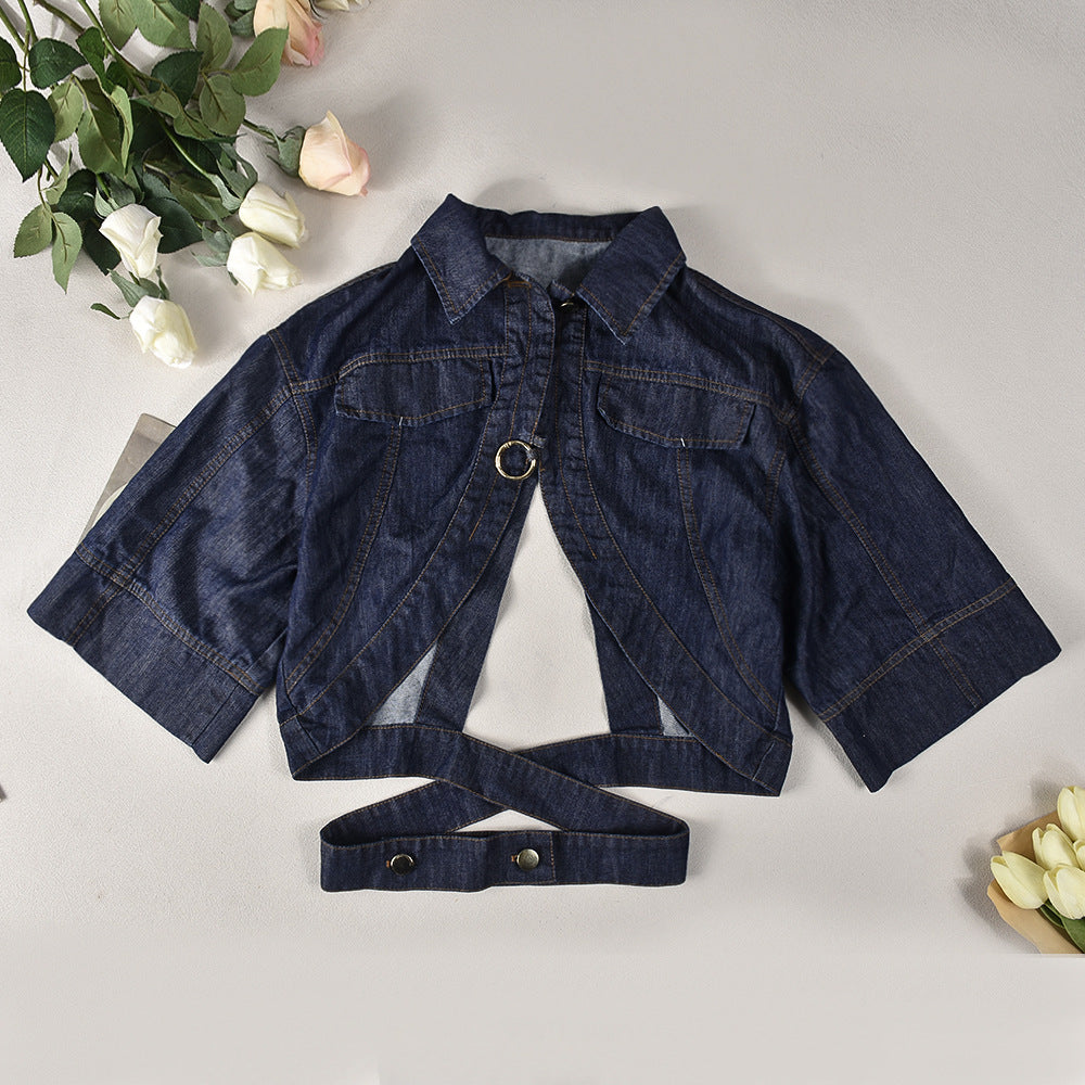 Fashion Turndown Collar sexy Crop Denim jacket top for women 8
