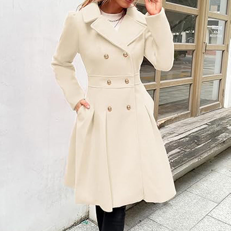 Women Fall and Winter Turndown Collar Double-Breasted Pocket Windbreaker 35