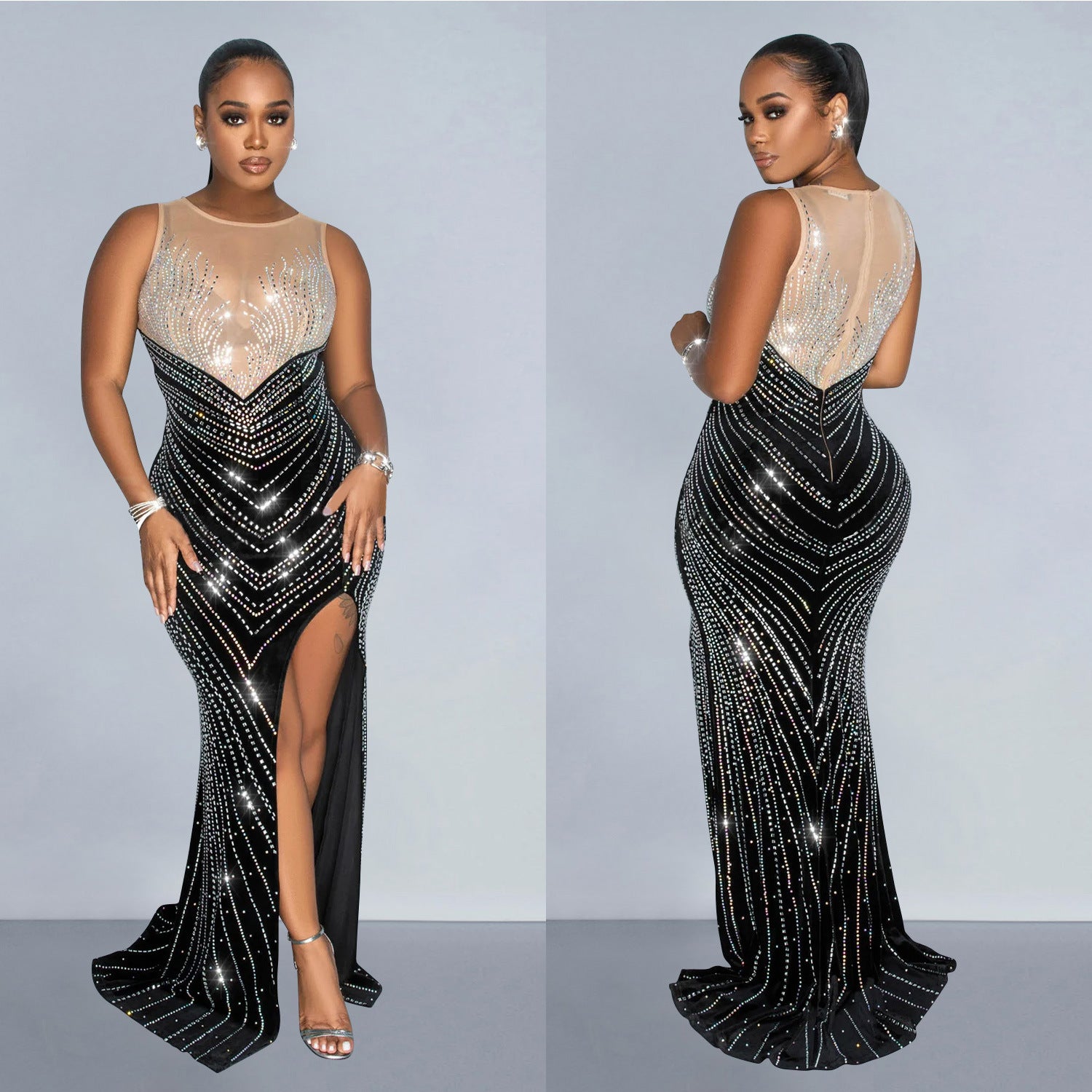 Women Solid Round Neck Sleeveless Beaded Dress 3