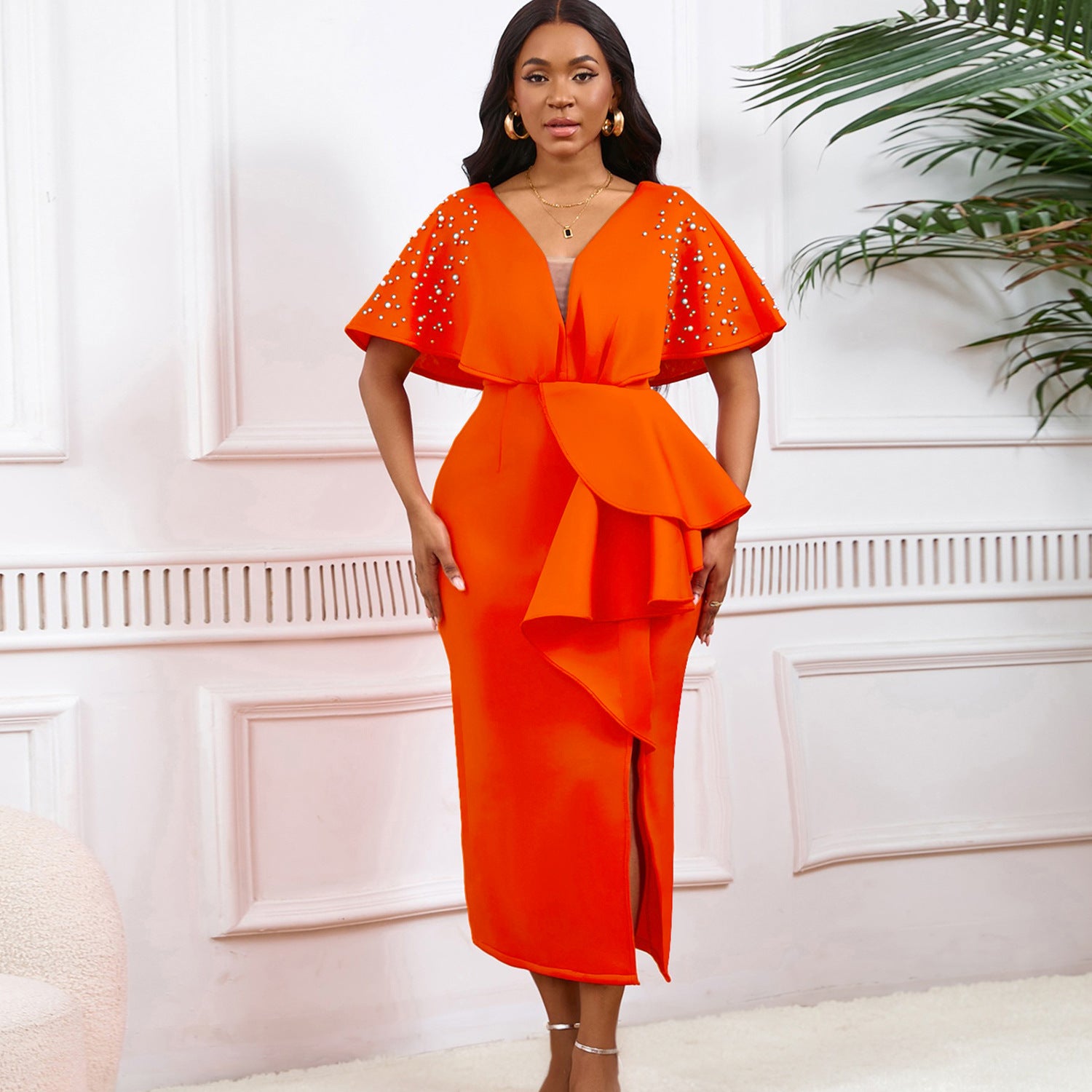 Summer Sexy V-Neck Ruffle Slit Beaded Evening Dress Chic Formal Party Gown 3