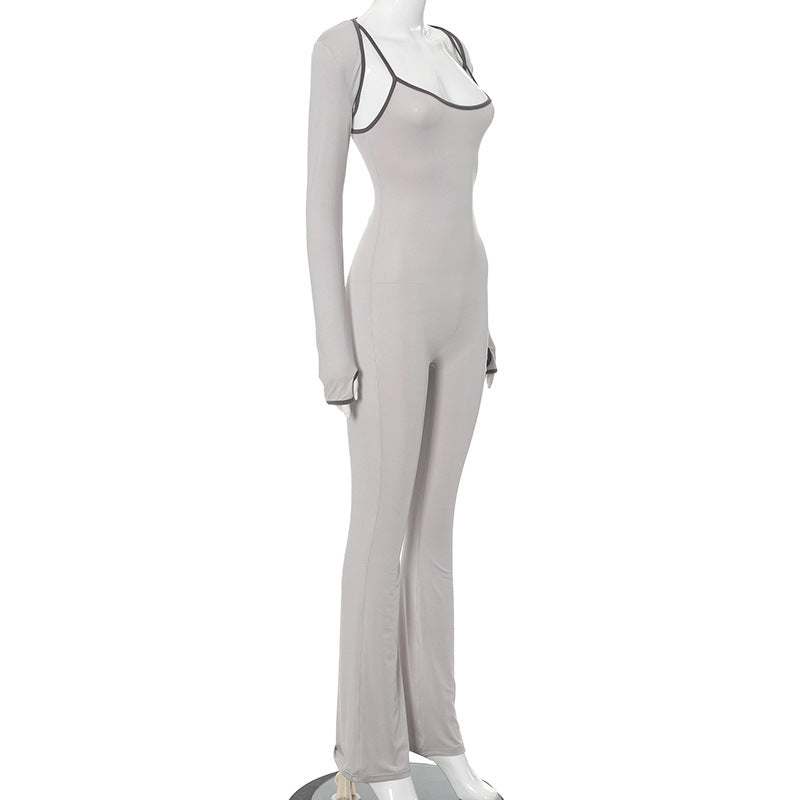 Women's strap Tight Fitting Jumpsuit long sleeve cape top two piece set 11