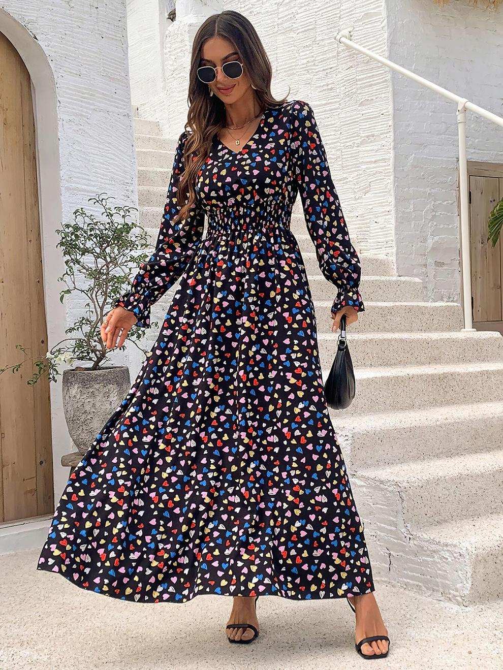 Autumn Women's Printed V-Neck Long Sleeve Fashion Long Dress 4