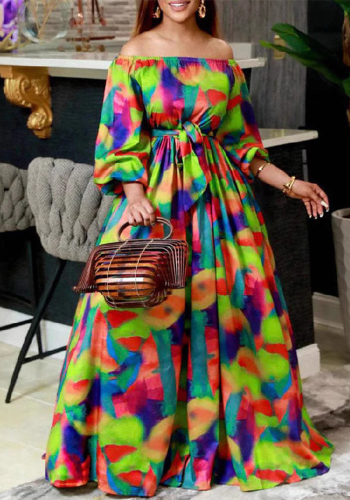 Spring Women Sexy Off Shoulder Bubble Long Sleeve Print Slim Waist Long Dress