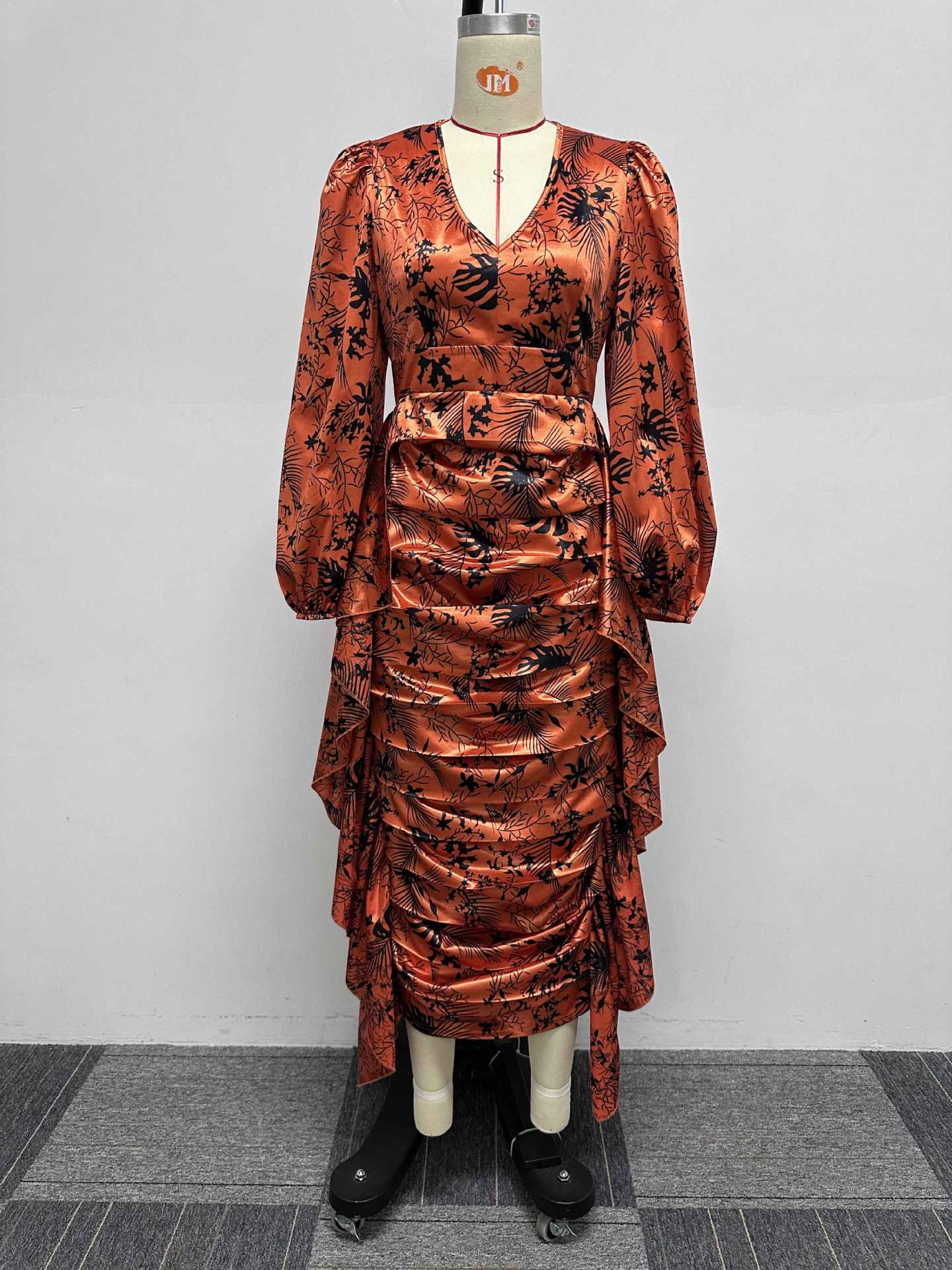 Sexy Printed Ruffled Balloon Sleeve Slim Long Sleeve Bodycon Dress 7