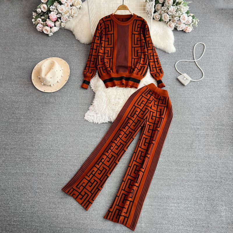 Women Long Sleeve Round Neck Jacquard Knitting Top and Wide Leg Pants Two-piece Set 3