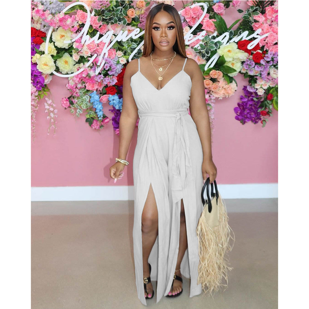 Suspender Hem Slit Fashion Jumpsuit Solid Casual One Piece