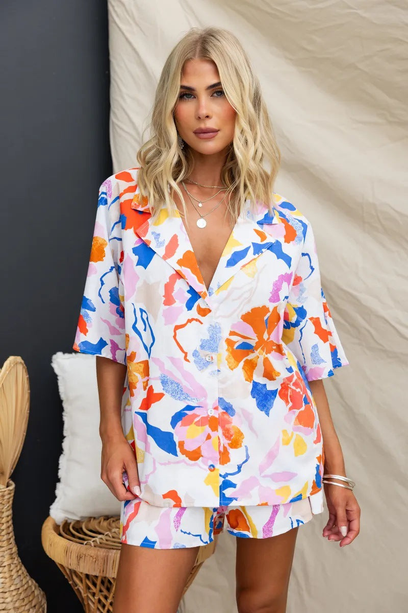 Women Turndown Collar Shirt and Shorts Casual Two-piece Set 3