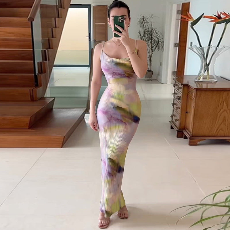 Women's Summer Fashion Print Chic Slim Low Back Strap Dress 3