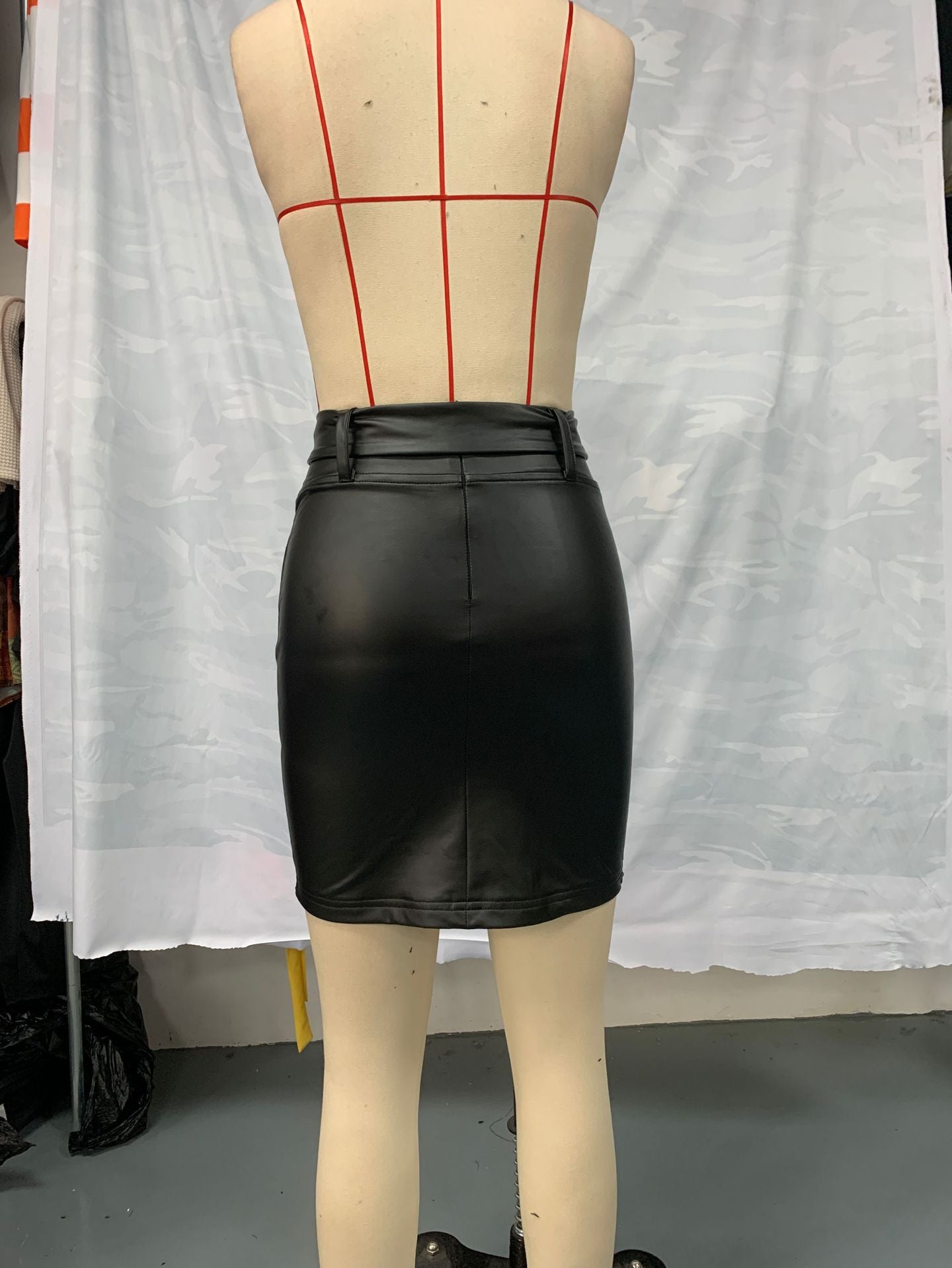 Women Casual Solid Pu-Leather Belt Zipper Bodycon Skirt 12