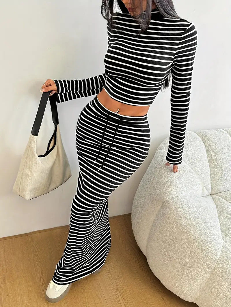 Women Solid Striped Half-Turtleneck Long-Sleeved Top and Skirt Two-Piece Set 9