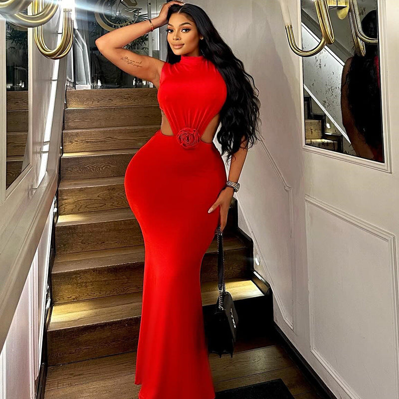 Women's fashion solid color dress sexy Round Neck sleeveless Open Waist Low Back slim long dress 3