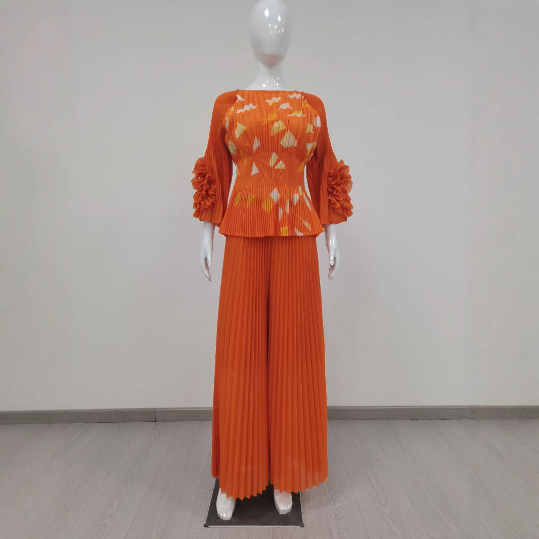 Plus Size Women Casual Pleated Top and Wide Leg Pants Two Piece Set 7