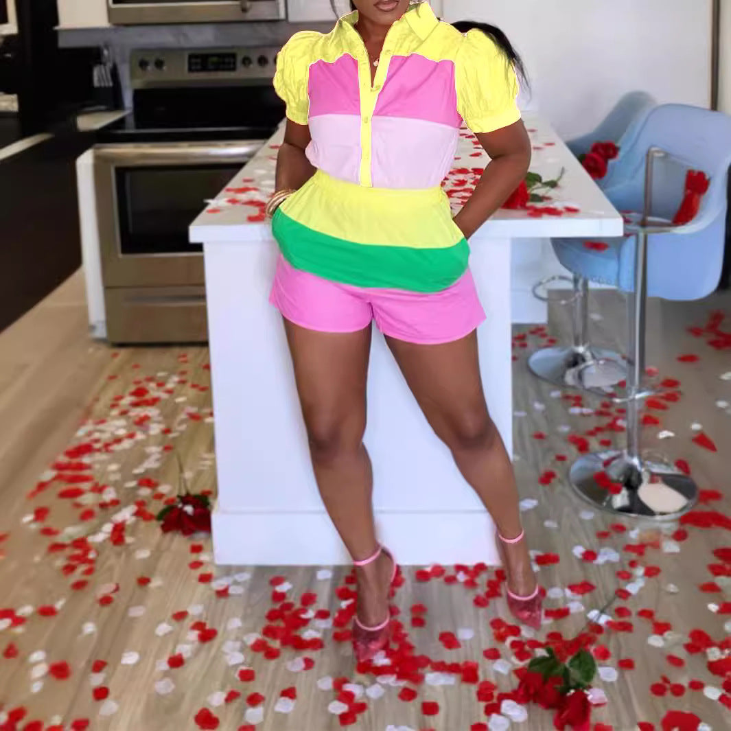 Fashion  Casual Color Multi-Color Patchwork Lantern Sleeve Shirt Shorts Two-Piece Women's Set 6