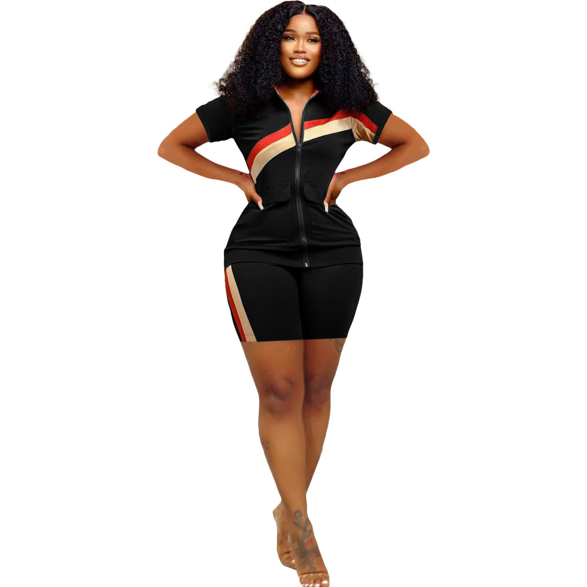 Women's Sports Casual Fashion Zip Pocket Top Shorts Two-Piece Set 12