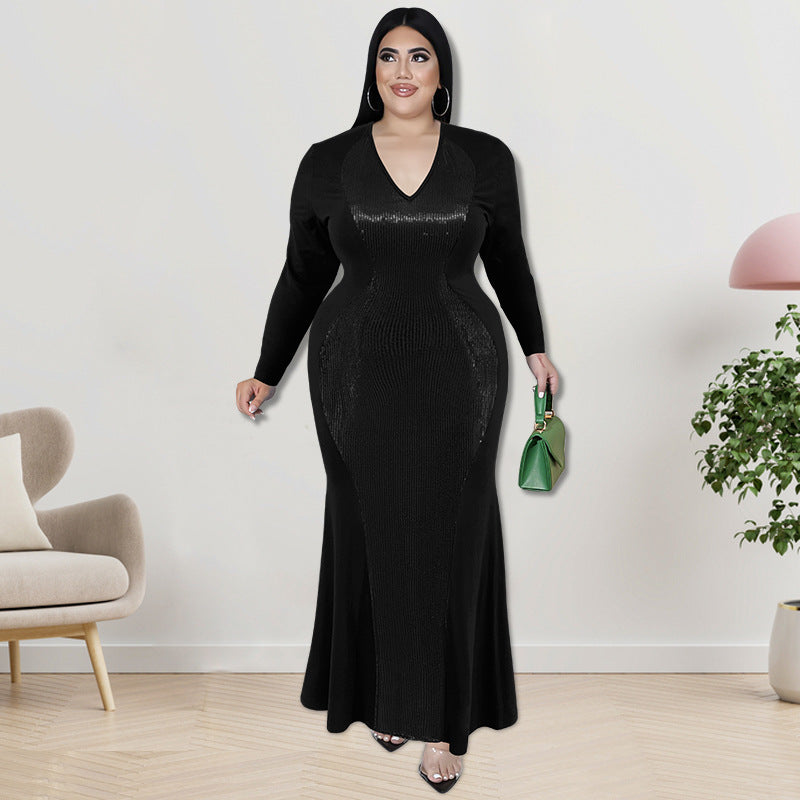 Plus Size Women Long Sleeve Sequin Maxi Dress 3