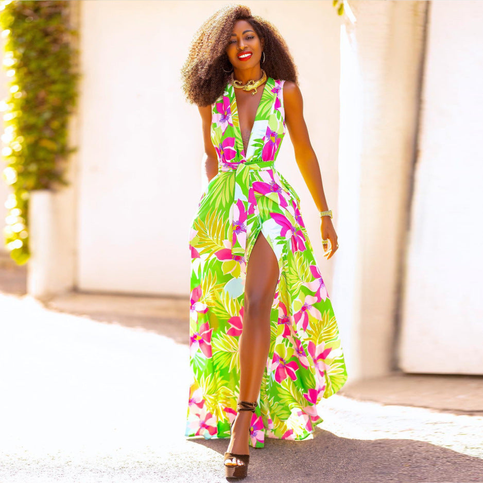 Summer Women's V-Neck Printed High Waist Belt Swing Maxi Dress 5