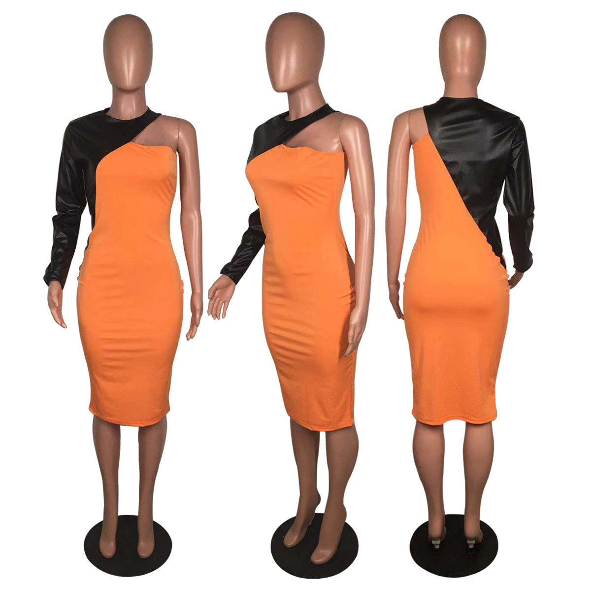 Women Sexy Pu Leather Patchwork Long Sleeve Dress 21