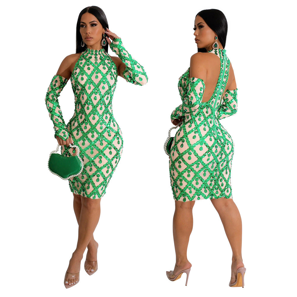 Fashionable Sleeveless Sequined Dress With Gloves 6