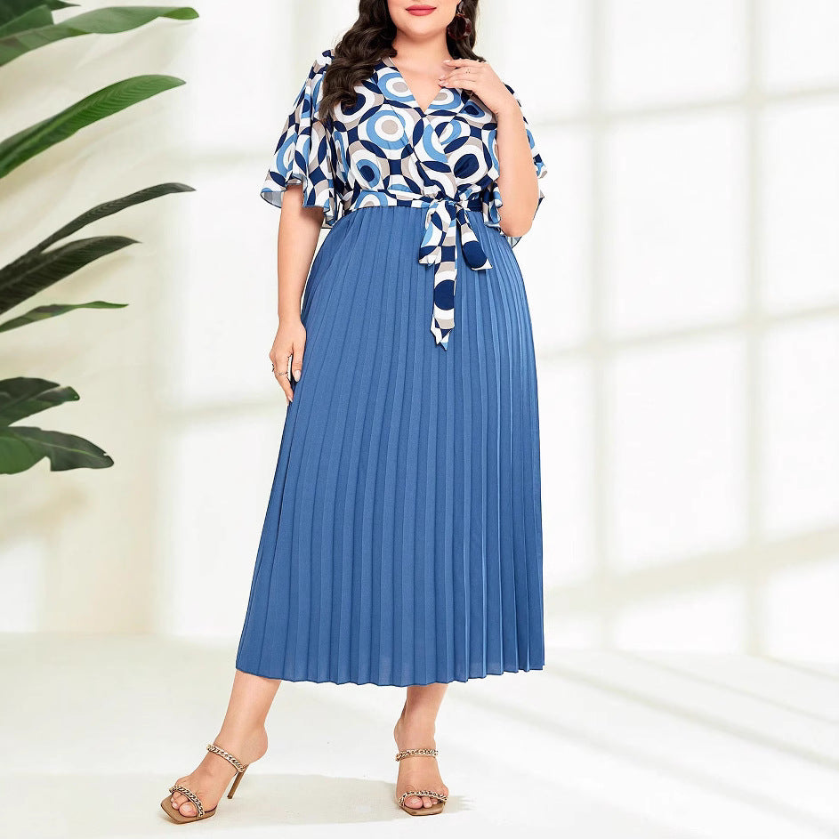 Summer Elegant Chic Patchwork Pleated Lace-Up Plus Size Women's Short Sleeve Dress 5