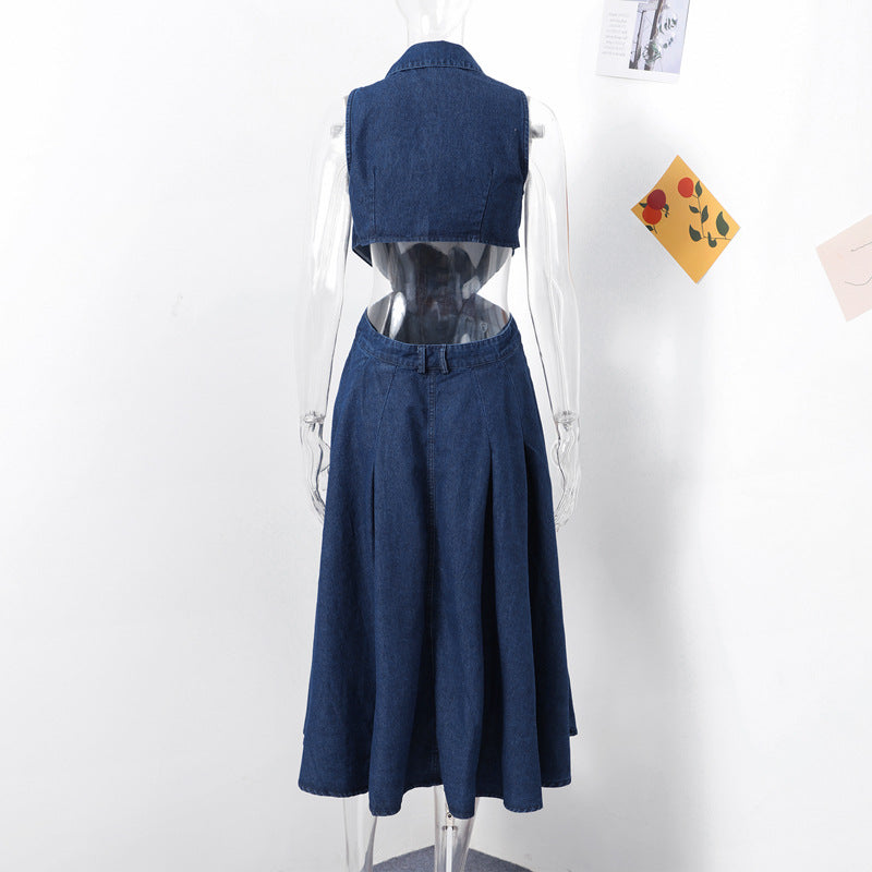 Turn-Down Collar Denim Dress Cut-Out Waist Slim Fit A-Line Slit Casual Long Dress 8