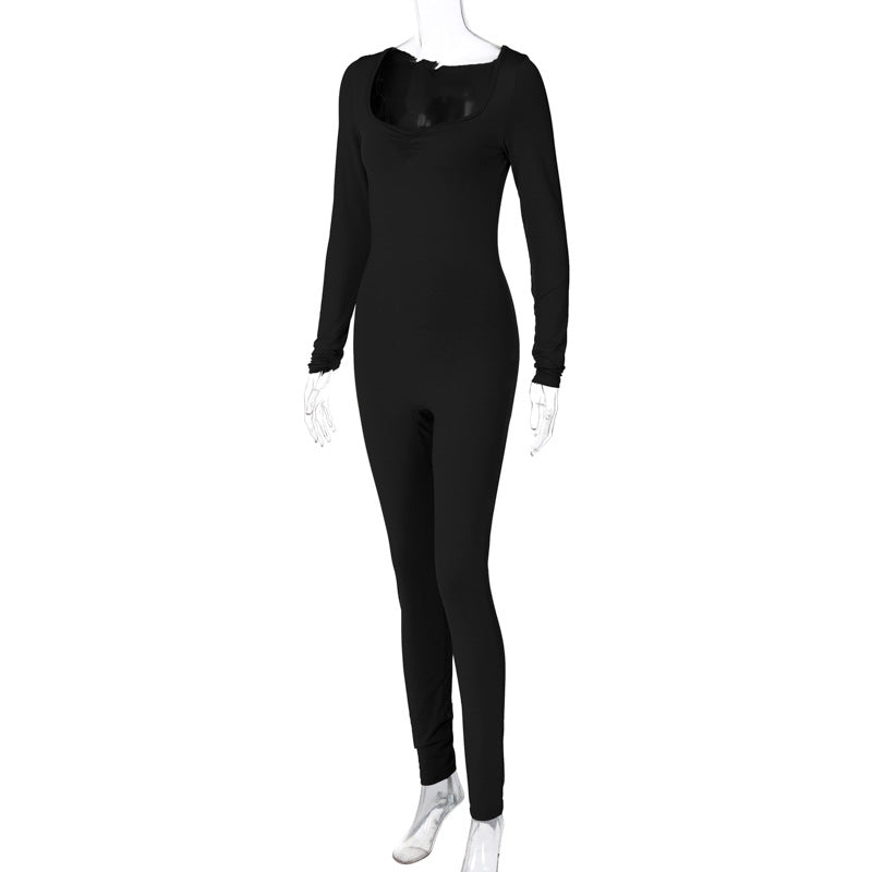 Women Winter Solid Square Neck Pleated Long Sleeve Jumpsuit 20