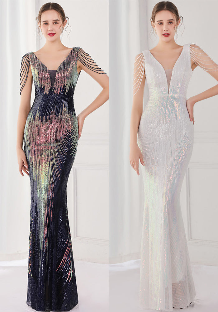 Spring Plus Size Elegant Red Bling Sequ v Neck Tassel Gradient Mermaid Evening Dress