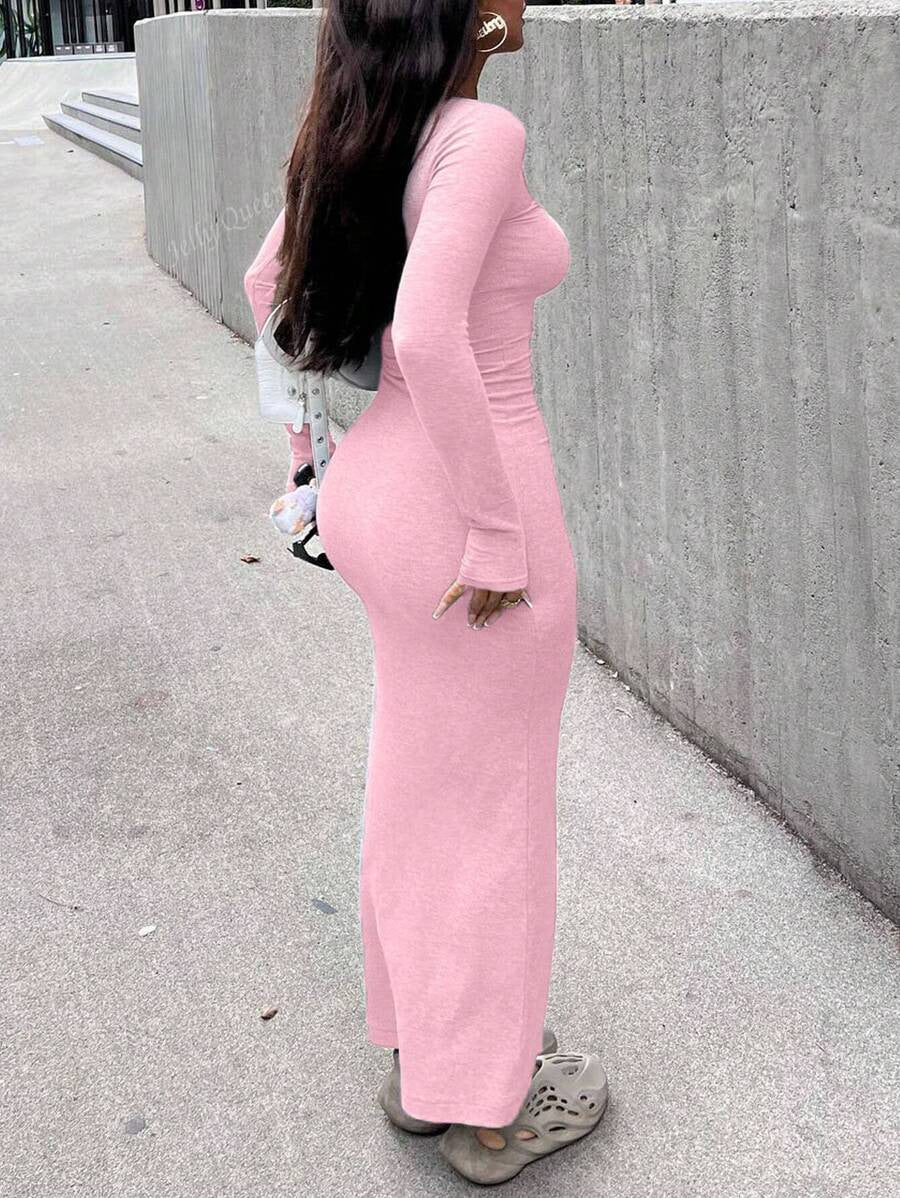 Women Ribbed Solid Square Neck Long-Sleeved Dress 4