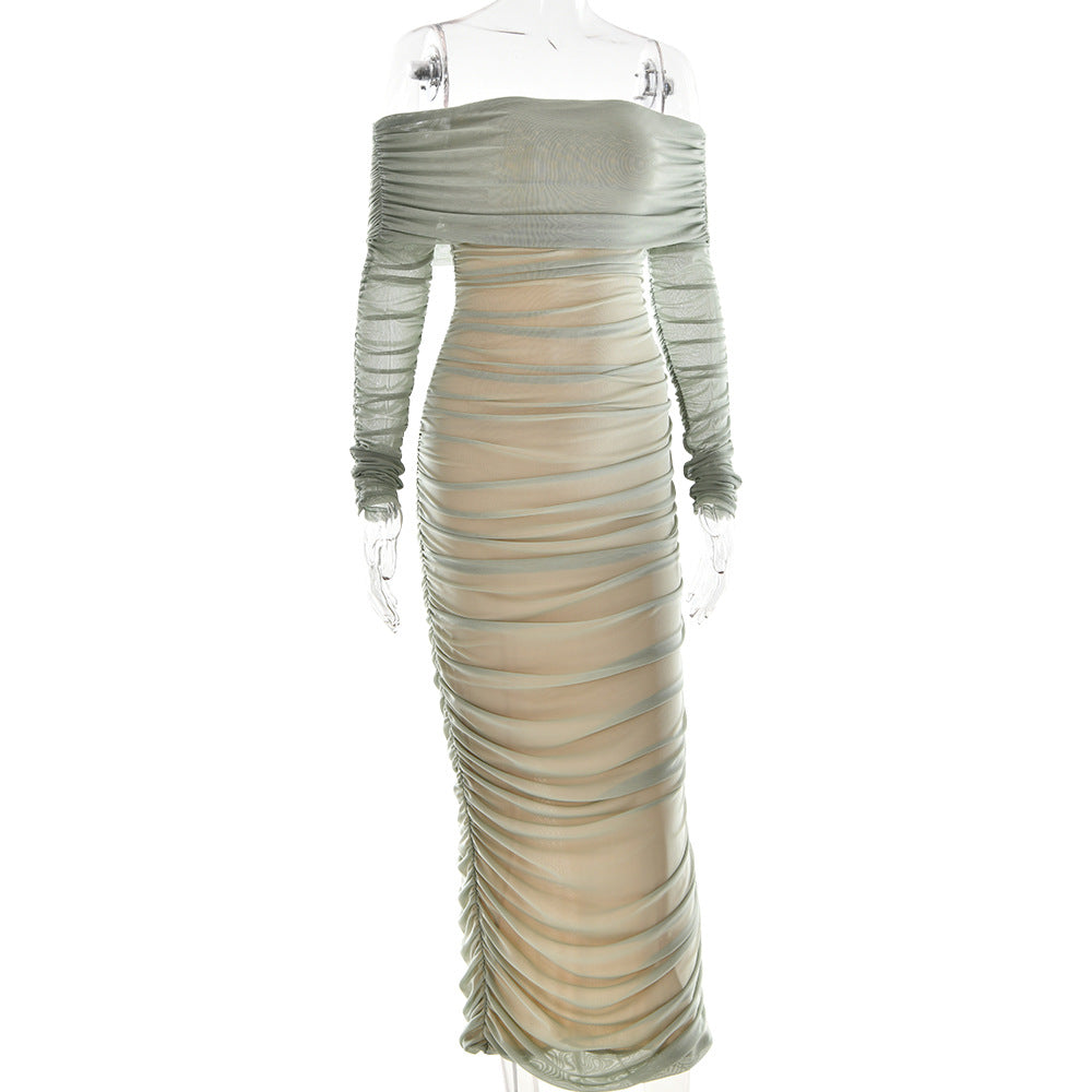 Women Autumn Bodycon Sexy Mesh Off Shoulder Gathered Dress 13