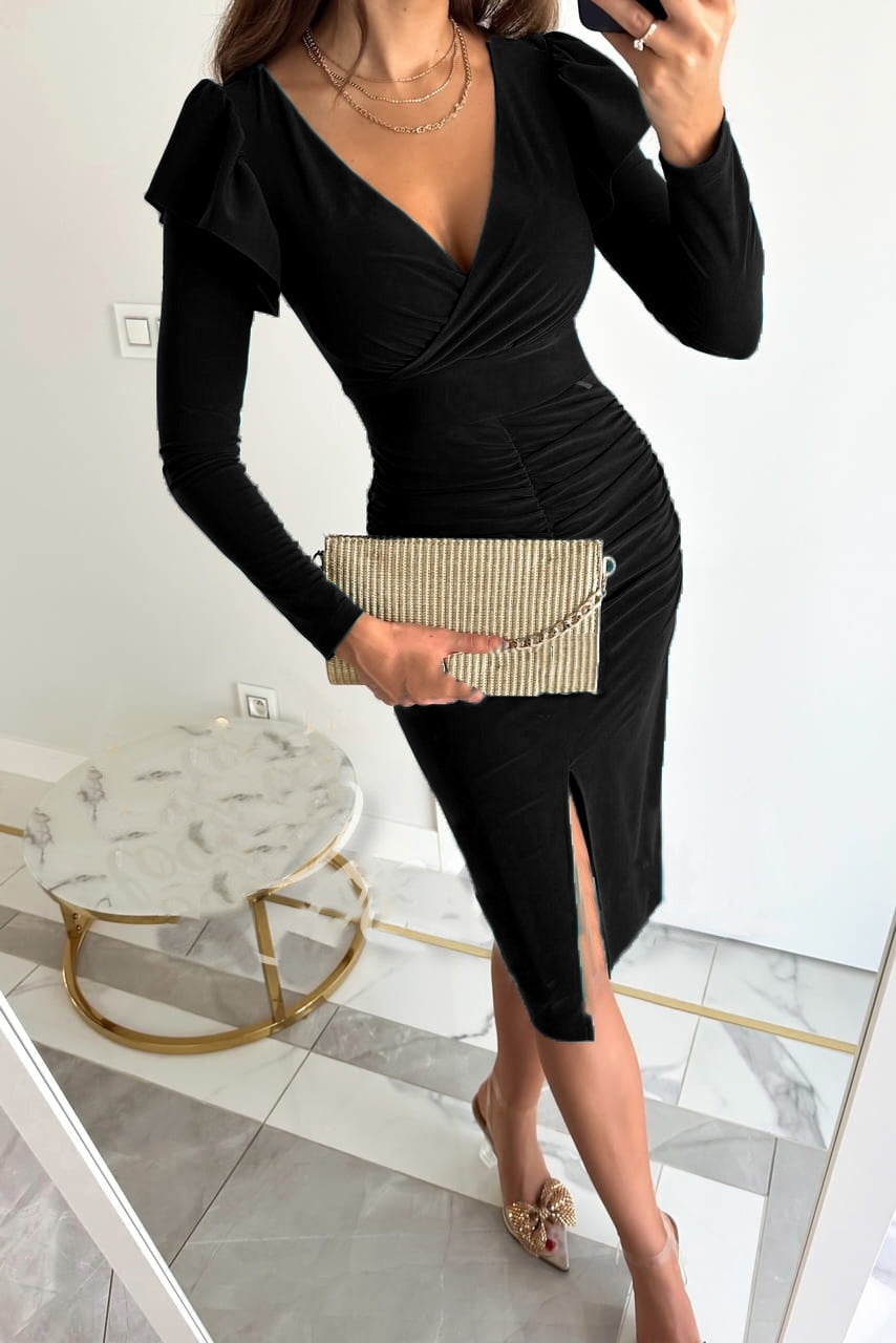 V-Neck Chic Slim Waist Slit Solid Color Long-Sleeve Midi Dress 7