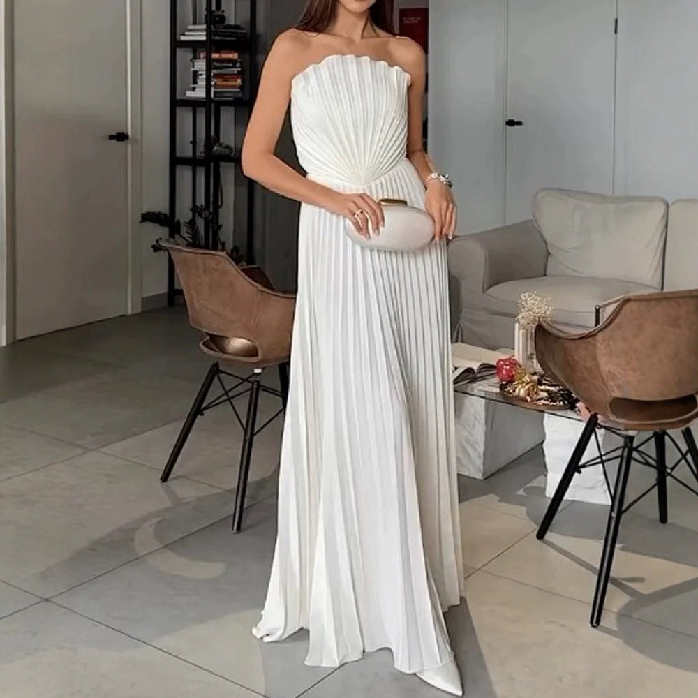 Summer Women's Sexy Chic Solid Pleated A-Line Party Dress 5