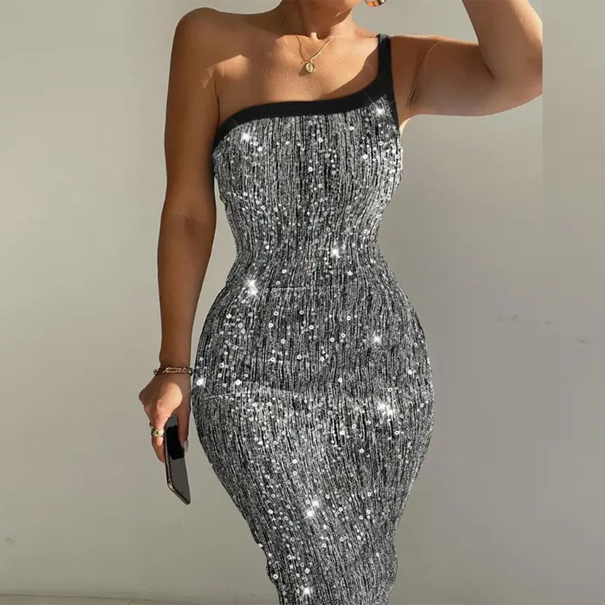 Spring Sequin One-Shoulder strap slim Midi Dress 4