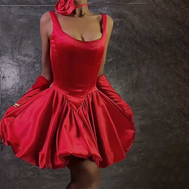 Autumn And Winter Chic Slim Waist Strap Bubble Dress