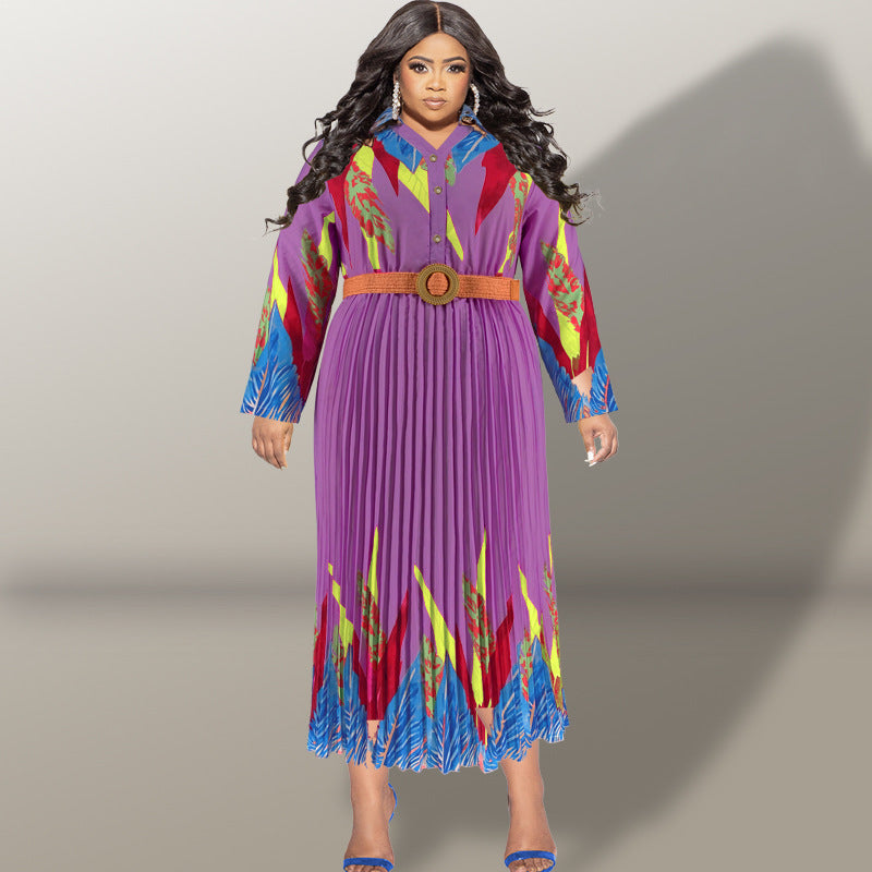 Plus Size Autumn Women's Print Button Long Sleeve Pleated Dress 6