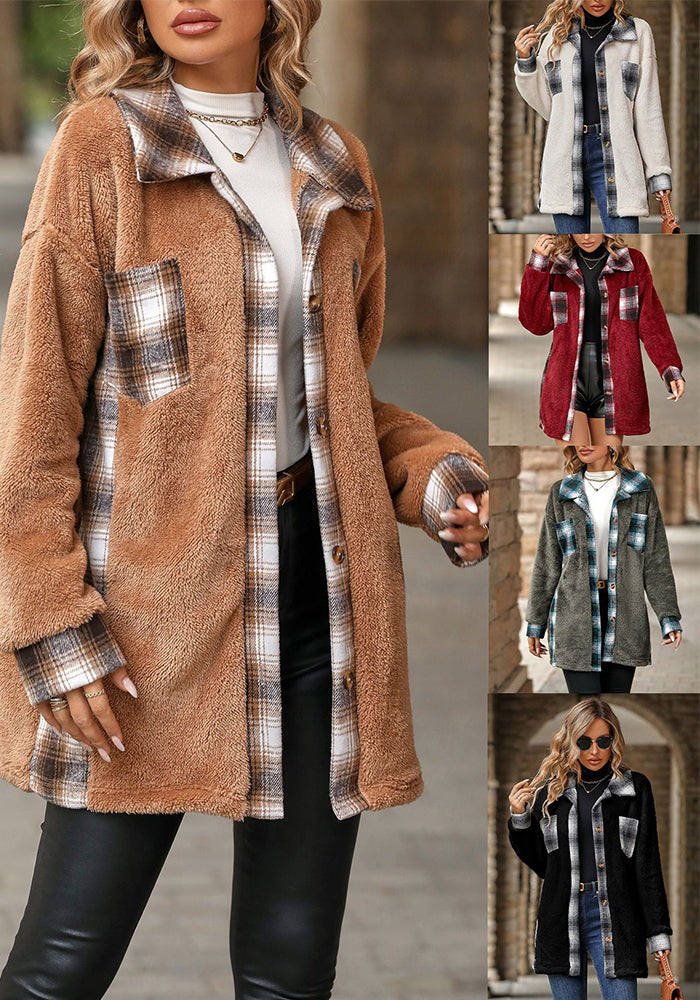 Women's Autumn And Winter Single-Breasted Turndown Collar Plaid Fleece Jacket