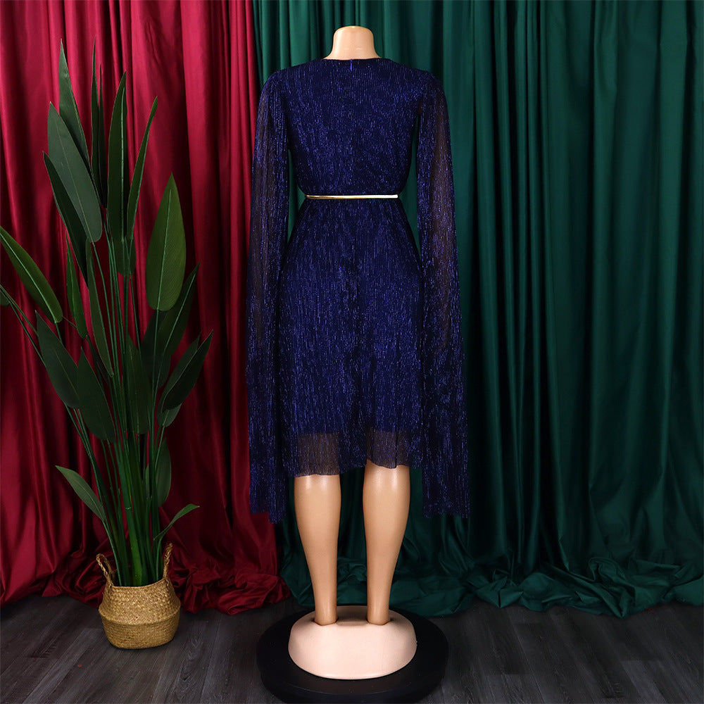 Belted V-Neck Chic Long Sleeve Cape Slim Waist Gown Dress 17