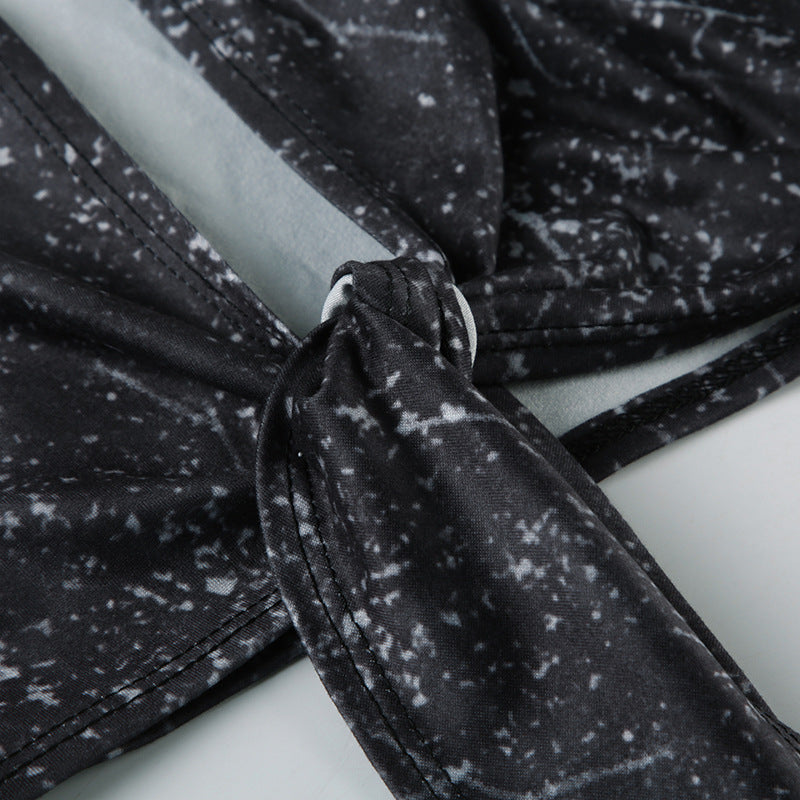 Sexy Women's Tie-Dye Print Short-Sleeved Lace-Up Crop Top Pleated A-Line Skirt Casual Two-Piece Set 14