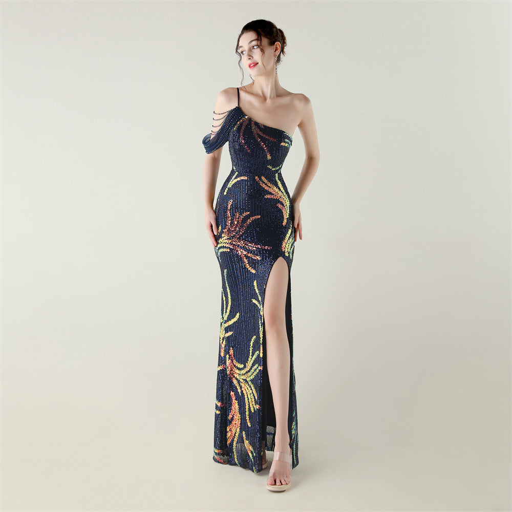 Sequin Mesh Off-Shoulder High Slit Fishtail Party Dress 11