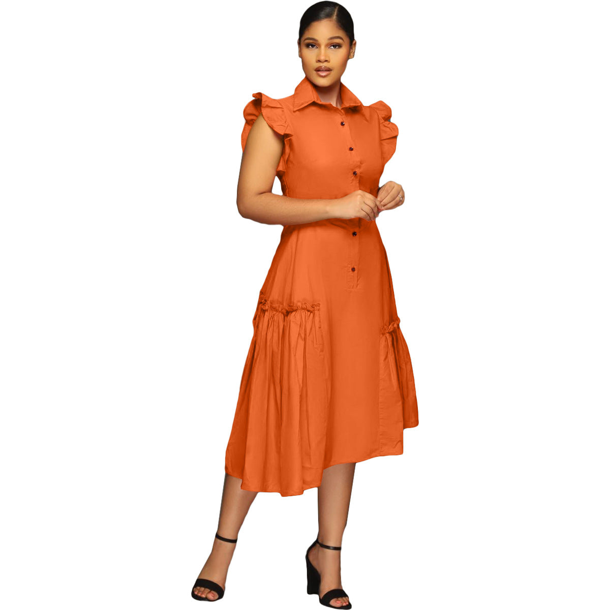 Trendy Shirt Collar Irregular Ruffle Edge Swing Dress 11