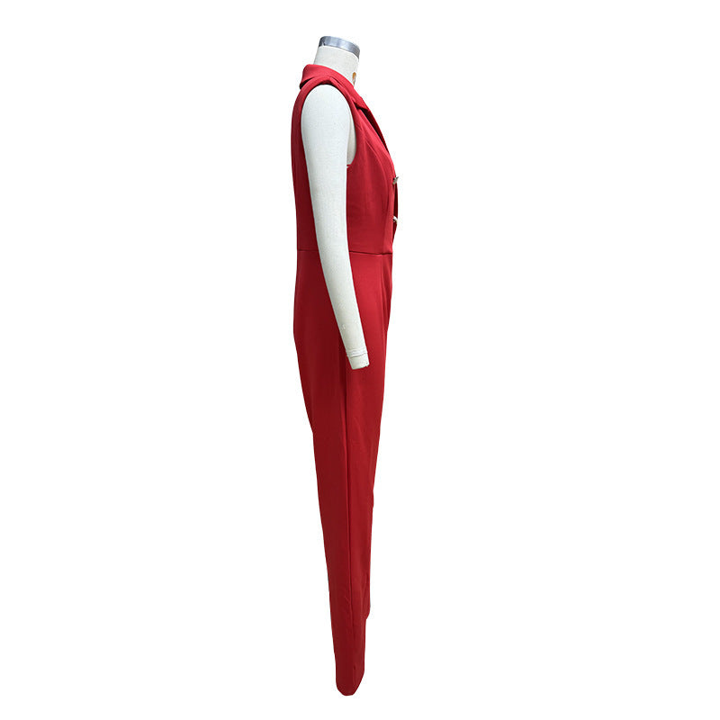 Summer Chic Solid Color Turndown Collar Sleeveless Jumpsuit Slim Fit Stylish Outfit 6