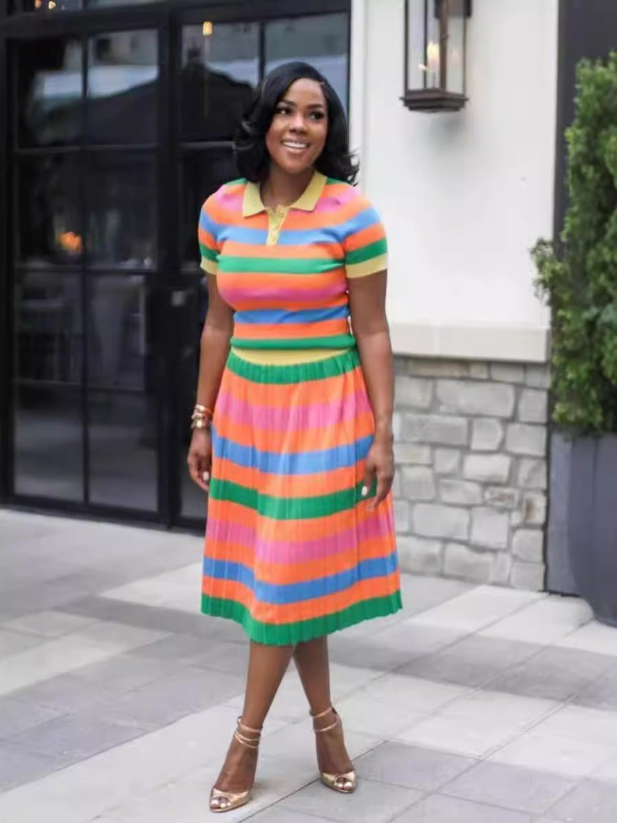 Women Spring and Autumn Rainbow Striped Short Sleeve Top + Pleated Skirt Two-piece Set 3