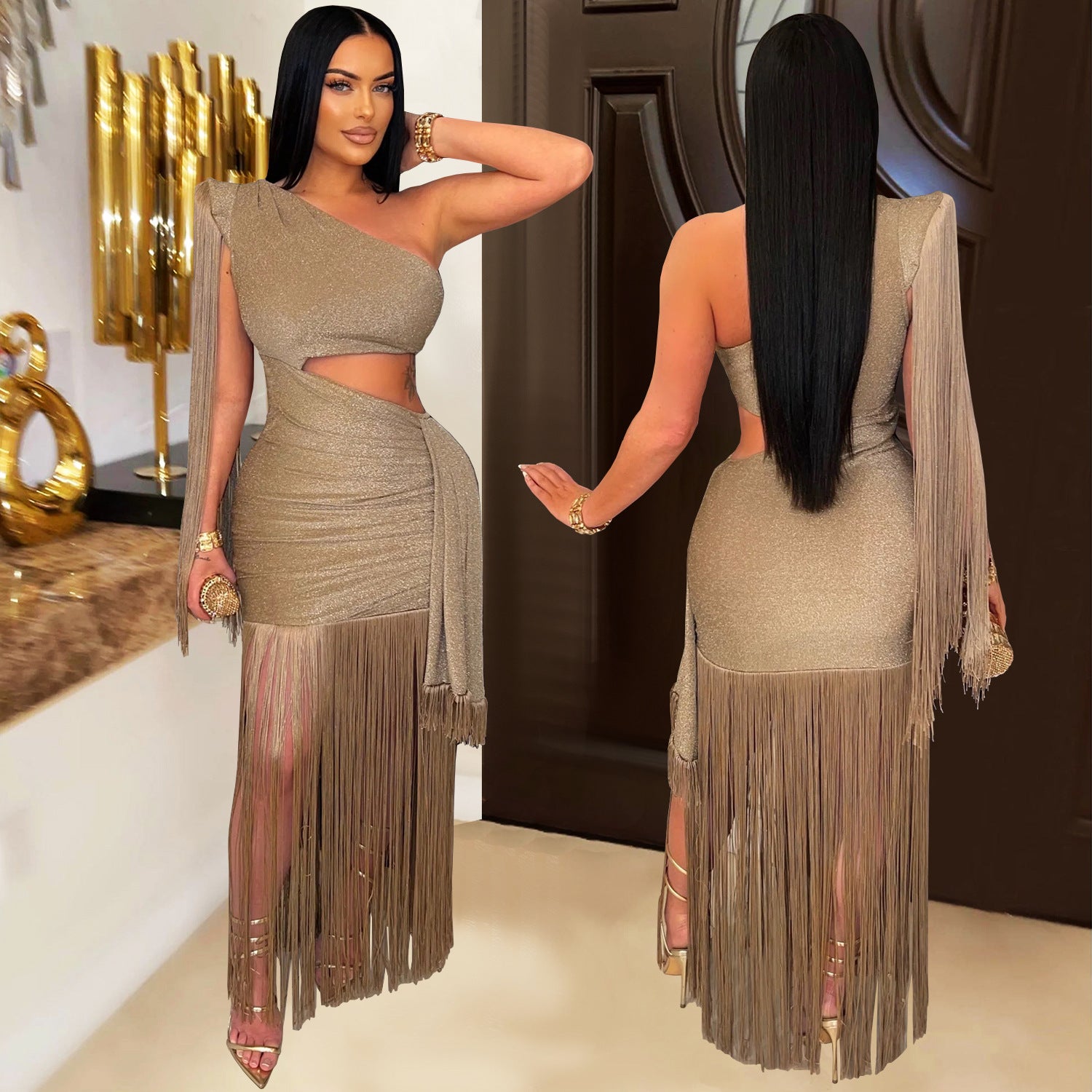 Fashion Women's Sexy Casual One-Shoulder Tassel Maxi Dress 6