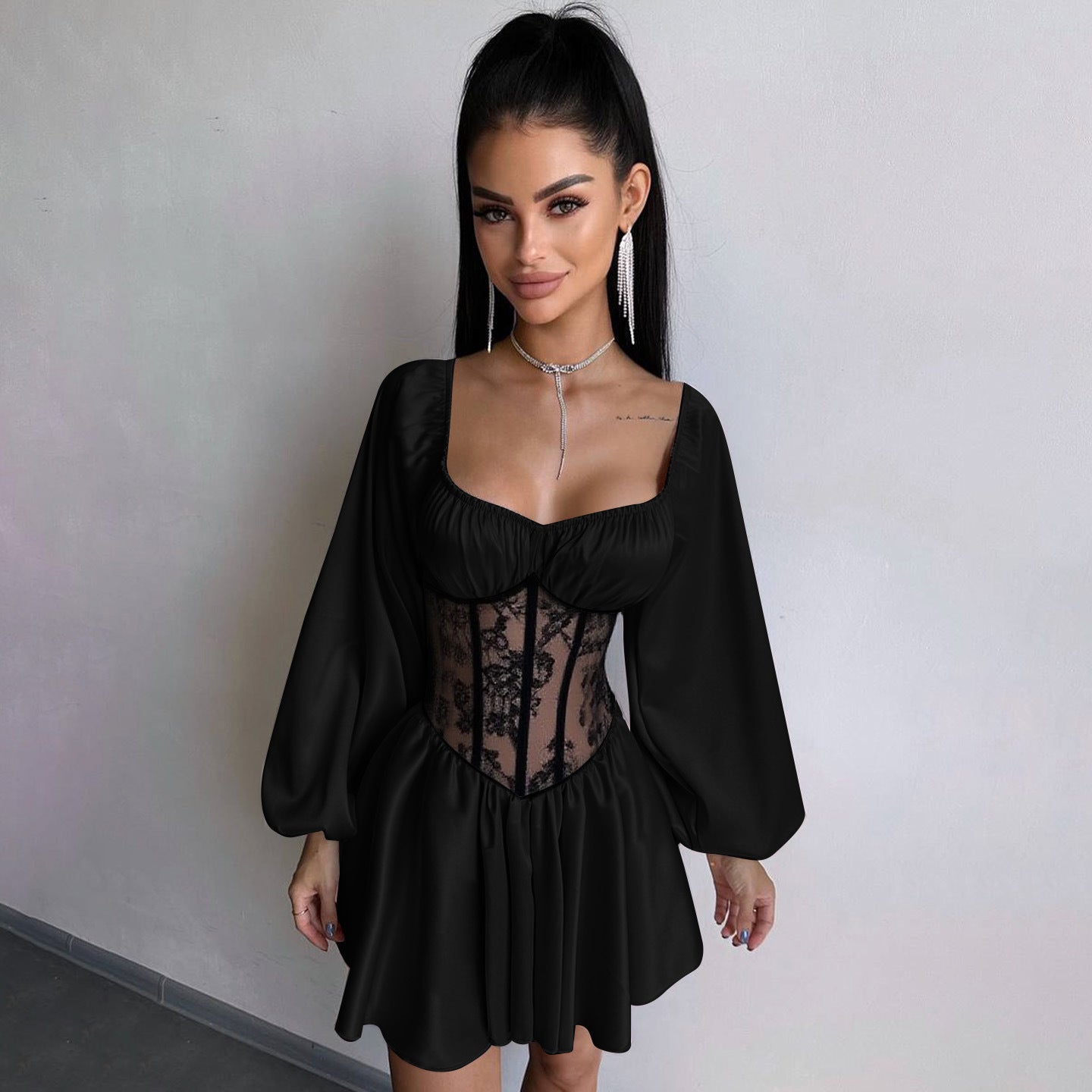 Autumn Sexy Satin Off-Shoulder See-Through Mesh Patchwork Mini Dress for Women 4