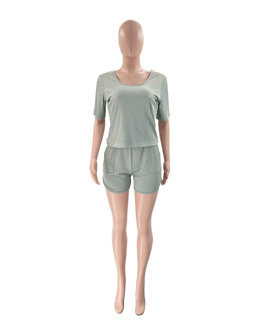 Summer Fashion Casual Sports Solid Color U-Neck Short Sleeve Two Piece Shorts Set Women's Clothing 11