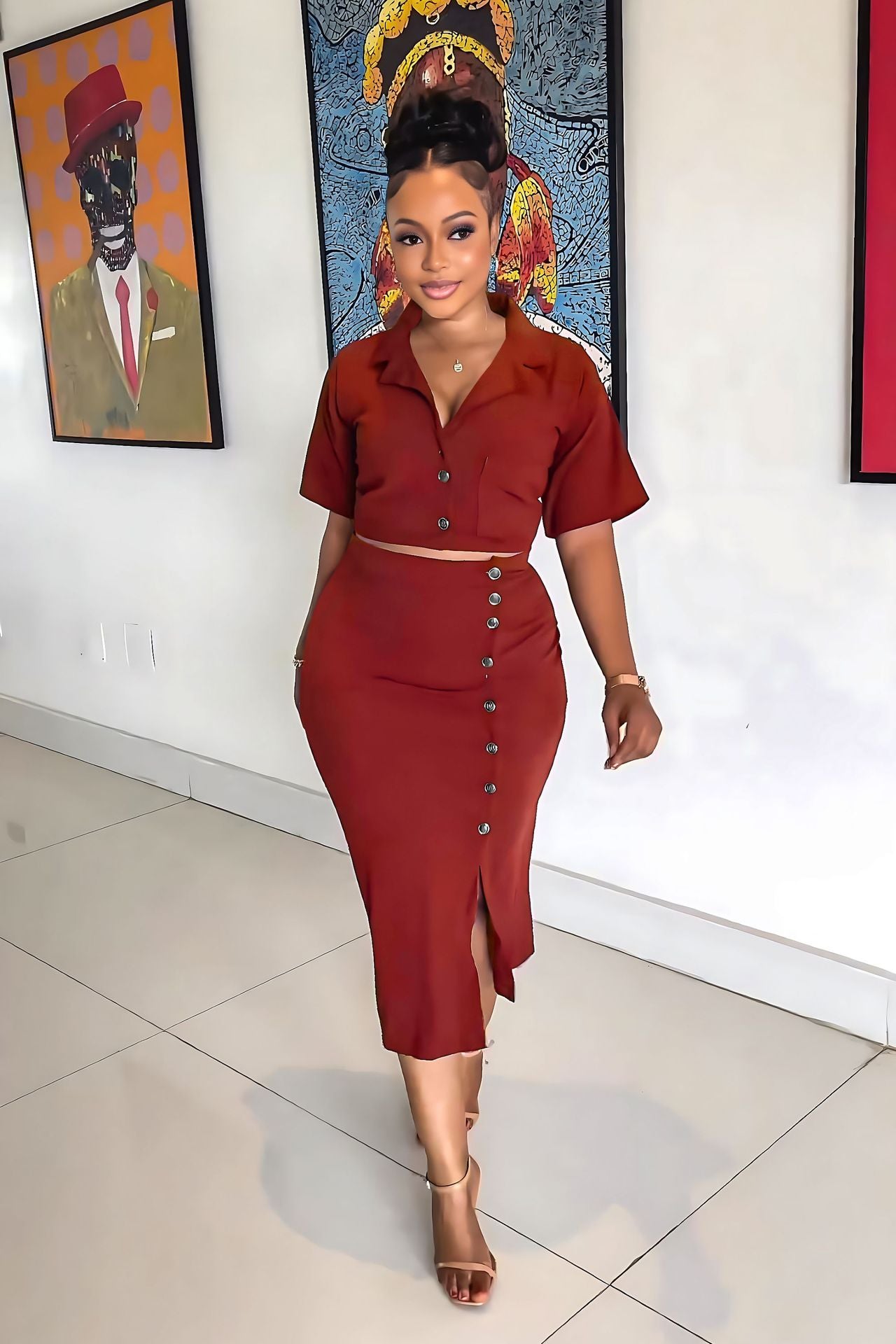 Women Summer Polo Neck Short Sleeve Blazer and Slit Skirt Career Two-Piece Set 3