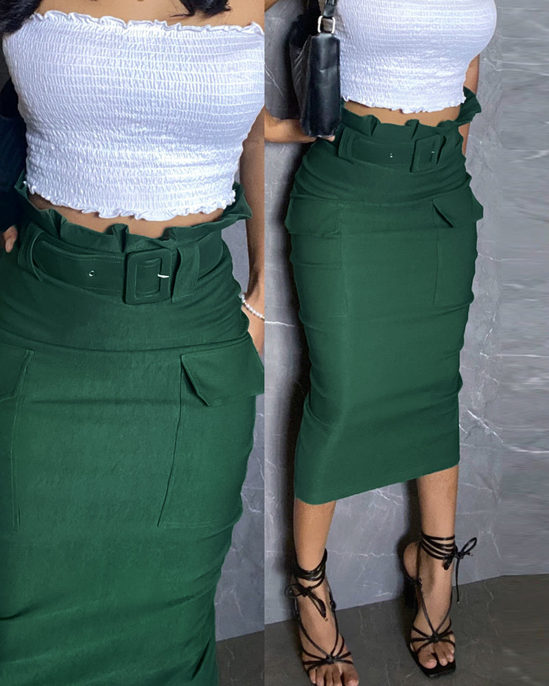 Women's Solid Color High-waist Belt Casual Cargo Long Skirt 8